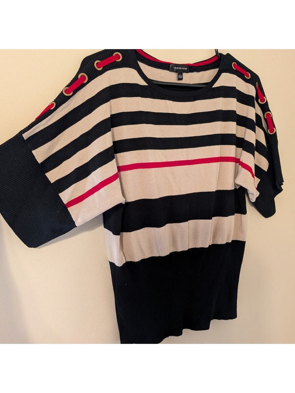 Spense Striped 3/4 Sleeve With Red Lace Grommet Accents On Shoulder